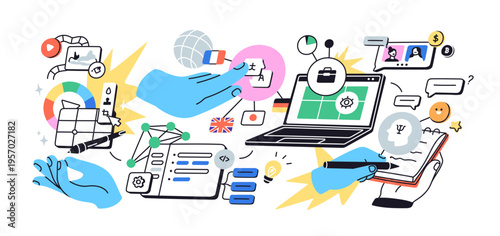 E-learning, digital education concept. Virtual distant classes, courses, elearning. Remote training, online study, web technology with laptop. Flat vector illustration isolated on white background