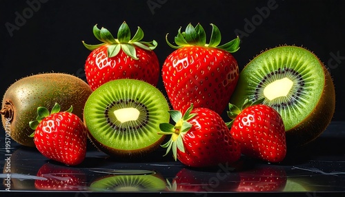 Fresh Ripe Strawberries and Juicy Kiwis on a Dark Reflective Surface.