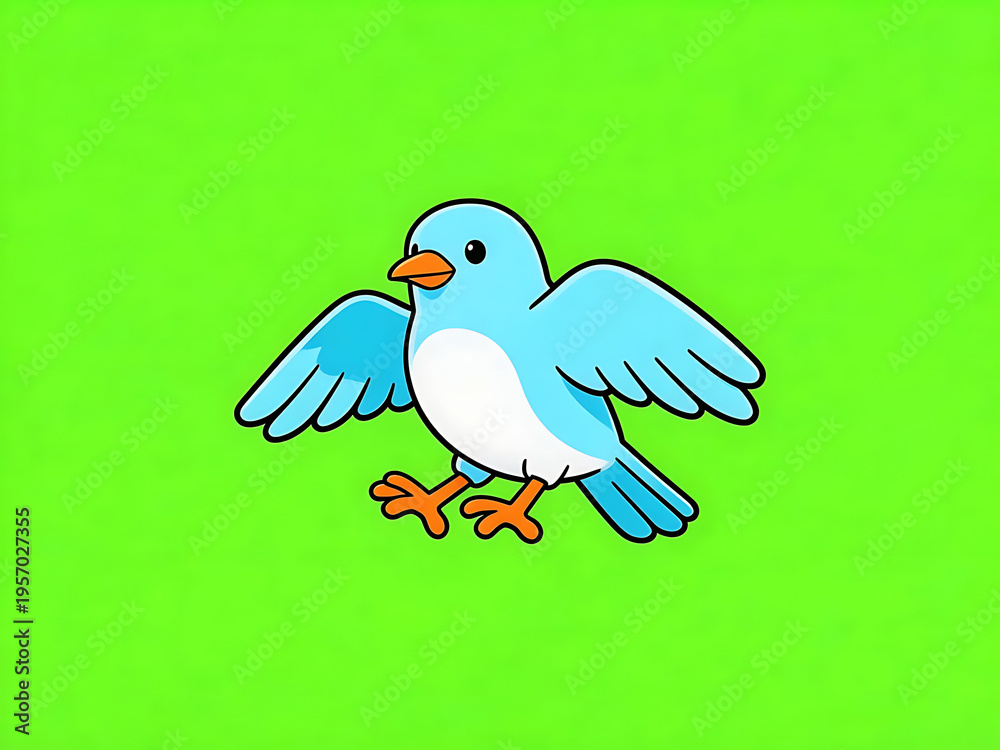 Fototapeta premium Cartoon bird perched centrally on a vivid lime green backdrop, blue body and orange beak highlighted, viewed head-on in a bold illustration