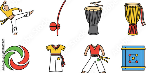 Capoeira Martial Art Icon Set with Fighter Berimbau Drum Traditional Costume and Brazilian Culture Elements Flat Vector Illustration Collection