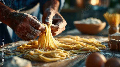 Handmade Pasta Artistry: A chef masterfully crafts fresh pasta, showcasing the culinary artistry and passion behind homemade Italian cuisine.