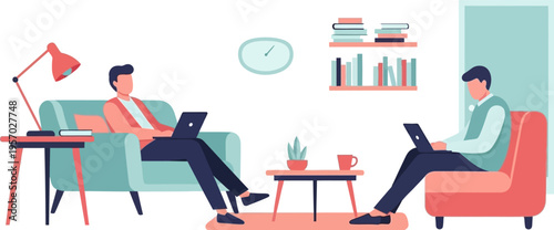 Modern Professionals Engaged in Remote Work Collaboration from Comfort of Home Office Setting, Illustrating Flexible Freelance Lifestyle and Digital Connectivity