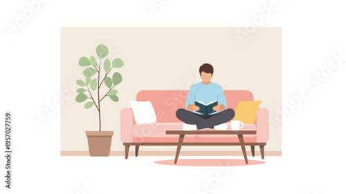 Relaxed man immersed in a book while comfortably seated on a stylish pink sofa, illustrating a serene and cozy home leisure lifestyle