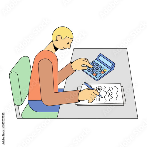Student using calculator and writing at desk, illustration