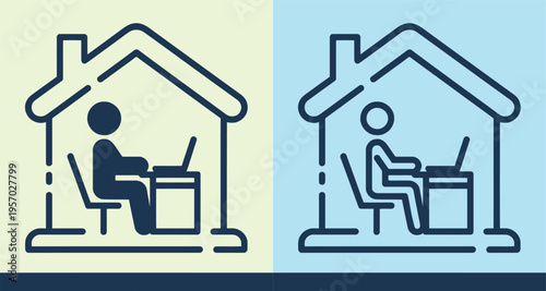 Remote Work Icon: Person Working on Laptop Inside House Outline, Split Screen Illustration