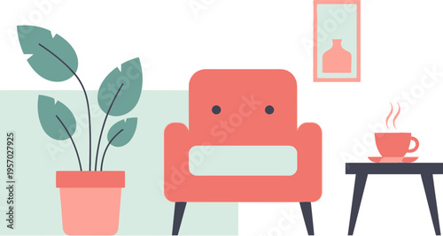 Cozy minimalist flat design interior featuring comfortable armchair, potted plant, and warm beverage, representing peaceful modern home lifestyle