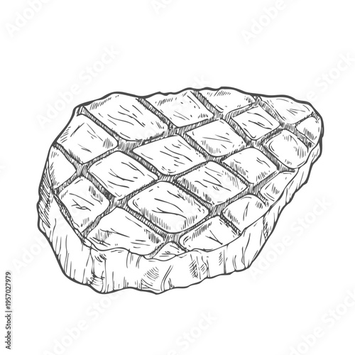 Hand drawn beef veal steak grilled. Roast meat, grill food, barbecue sketch. Engraved vintage vector illustration