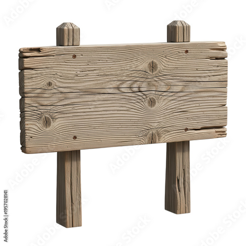 A wooden sign with two posts on a white background isolated on transparent background