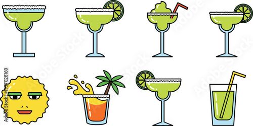 Cocktail and Margarita Drink Icon Set with Lime Glasses Tropical Beverages Splash and Party Refreshment Flat Vector Illustration Collection