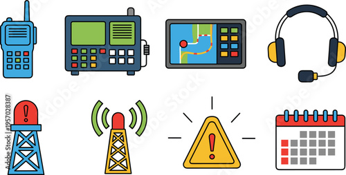 Communication and Emergency Icon Set with Radio Control Panel GPS Headset Signal Tower Warning Sign and Calendar Flat Vector Illustration Collection