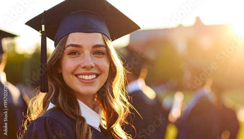 Young Woman Graduate Smiling Proudly in Cap and Gown at Sunset.