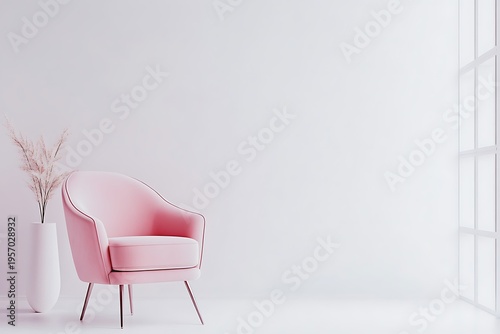 A dusty pink barrel chair with minimalistic design, placed on a clean white background 
