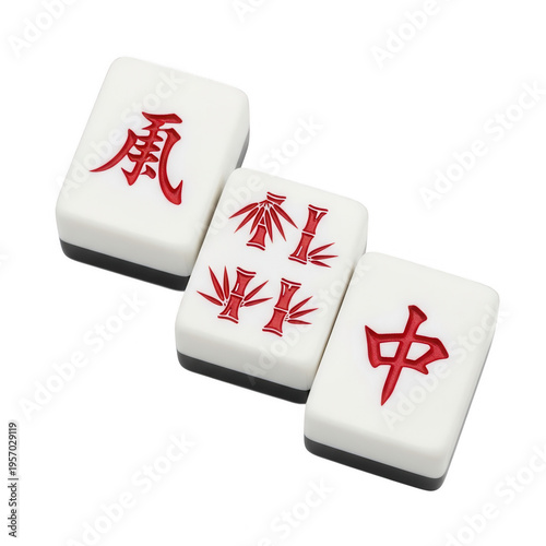Mahjong tiles with chinese characters isolated on transparent background