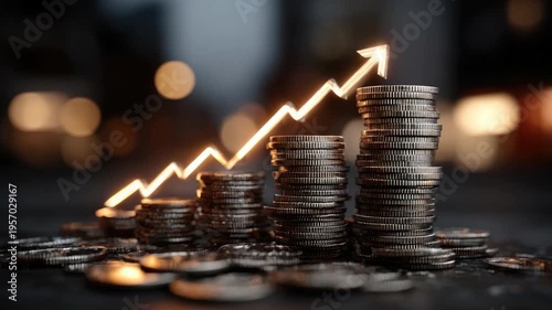 Financial Growth:  Visual representation of financial growth with a glowing upward trend line illuminating a stack of coins. Highlighting concepts of investment, profits.
