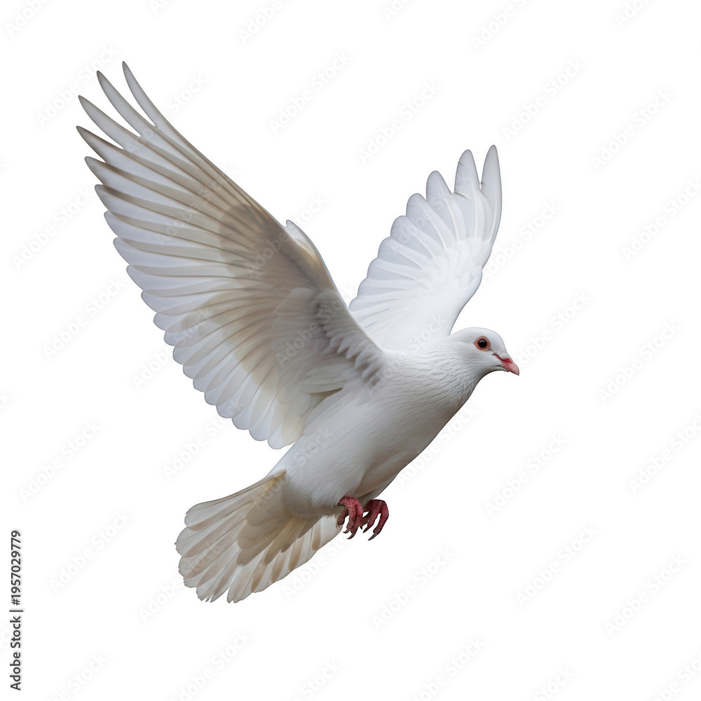 Obraz premium A white dove in flight with wings spread isolated on transparent background