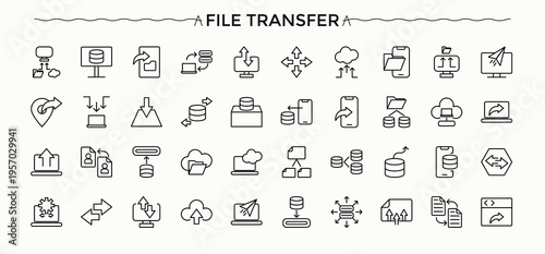Download And Upload icon set. Contains related to datal exchange, downloading, file, app, transfer, load and more. Up icon set. Minimalist editable vector stroke. Signs for web and mobile app.