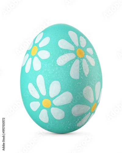 Turquoise Easter egg with chamomile flowers isolated. Handmade painted decoration. Transparent PNG image.