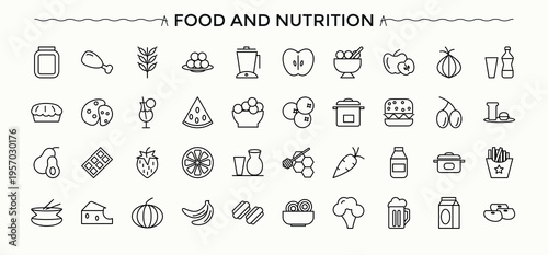 Food And Nutrition modern icon set. Trans Fat icon pack. Minimalist icons pack. It contains symbols to nutrition, calories, carbohydrate, eat, food, fat, balance. Art and illustration.