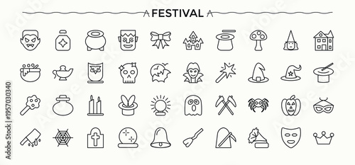 Festival icon set. Pack of celebration, event, holiday, entertainment and more. Party icon set. Minimalist icons collection. Editable vector.