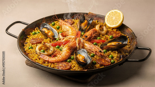 Steaming seafood paella in pan with shrimp mussels and lemon