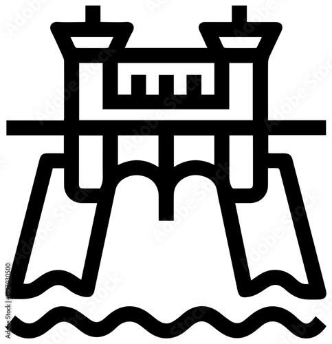 Clean black outline icon representing a hydroelectric power plant dam structure with water flowing downwards symbolizing renewable energy generation and sustainable infrastructure