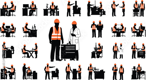Cartoon industrial engineering silhouettes illustration showing teamwork, machinery, safety, and professional collaboration design