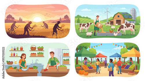 Flat Modern Farm Concept Harvest Feeding Animals and Selling Fresh Produce