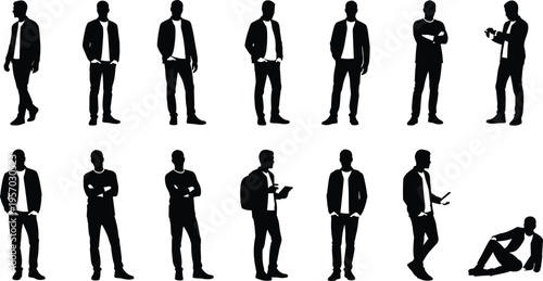 Cartoon male silhouettes illustration with casual outfits showing diverse poses, gestures, and body language design
