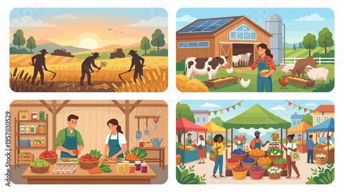 Modern Agriculture Illustration Farm Life Organic Food and Market Activities