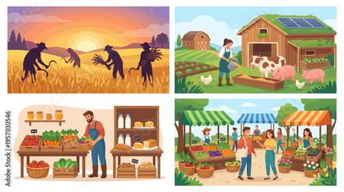Contemporary Farming Scenes Harvest Livestock Feeding and Farmers Market