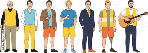 Cartoon male characters illustration showing life stages, diverse professions, and social roles for community and lifestyle design