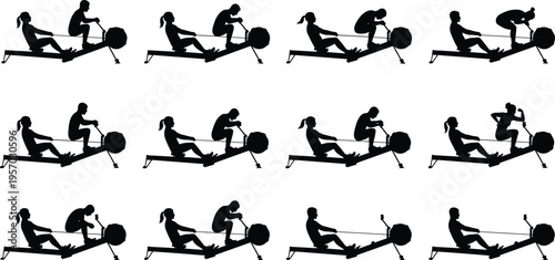 Cartoon rowing exercise silhouettes illustration showing full motion cycle for fitness, training, and workout technique design