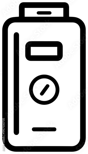 Clean line art icon representing a modern lithium battery energy storage unit with a digital display and gauge symbolizing renewable power solutions and technological advancement