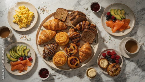 Overhead breakfast spread with pastries eggs salmon avocado and coffee