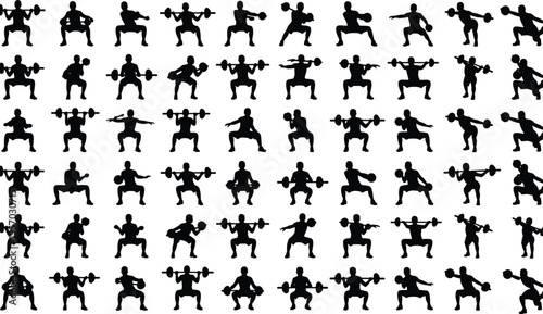 Cartoon weightlifting silhouettes illustration showing barbell exercises, squats, presses, and deadlifts for fitness training design