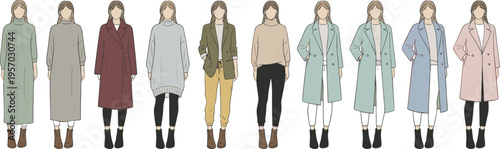 Cartoon women winter fashion illustration with coats, sweaters, and layered outfits symbolizing seasonal style and wardrobe inspiration