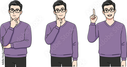 Cartoon thinking poses illustration showing contemplation, problem solving, and realization for learning and idea concept design