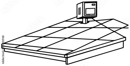 Minimalist outline illustration of a rooftop solar panel installation with a control box representing renewable energy sustainable power generation and eco friendly technology
