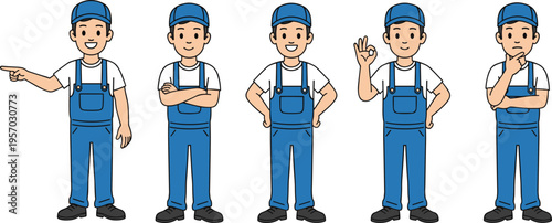 Cartoon worker characters illustration with diverse poses and expressions symbolizing teamwork, labor, and professional attitude