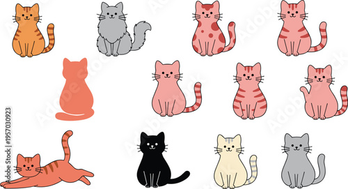 Cartoon cats illustration with diverse colors, patterns, and poses symbolizing pets, playfulness, and animal diversity