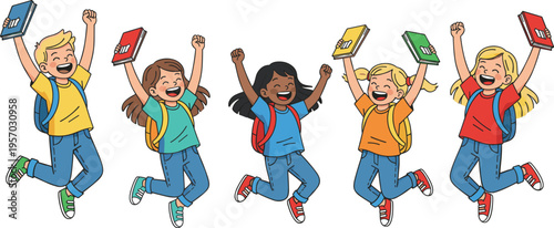 Cartoon children illustration with books and backpacks celebrating education, school joy, and learning excitement design