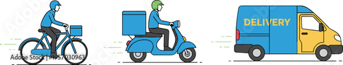 Cartoon delivery vehicles illustration with bicycle, scooter, and van symbolizing logistics, transportation, and courier service design