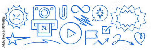 A fun set of social media doodle icons. Vector illustration with a unique grunge texture. Hand drawn graphic elements for creative content, digital marketing, fun stickers, and blog posts