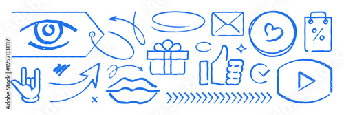 A versatile collection of hand drawn vector illustration elements. Grunge texture icon set for social media, communication, online shopping. Perfect for modern design projects and web graphics