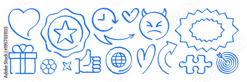 Versatile set of hand drawn vector illustration icons. Grunge texture elements for social media feedback, likes, and goals. Great for engaging digital content and marketing