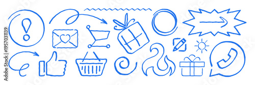 A dynamic set of hand drawn vector illustration icons. Grunge texture doodle elements for online shopping, communication, and marketing. Perfect for web design and social media content