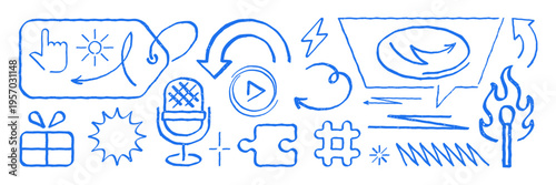 A versatile set of hand drawn vector illustration icons. Features grunge texture doodle elements for podcasting, streaming, and digital content. Ideal for modern blogs and creative apps