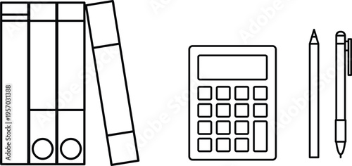 vector illustration of a calculator, pen, book .    A stack of books with a calculator and pen isolated on transparent background