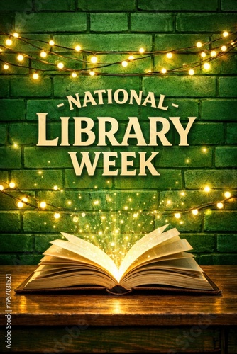 National library week, book with light on wooden table