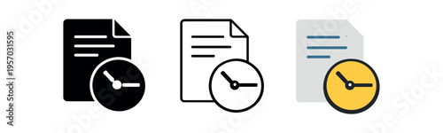 Three document icons with a clock overlay shown in solid, outline, and colored versions